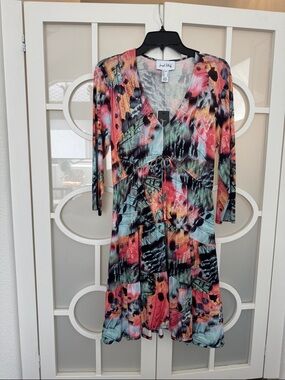 Joseph Ribkoff Coral, Teal & Black Abstract Print Tie-Front Dress